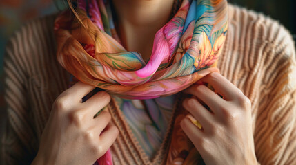 A medium close-up of a person adjusting a silk scarf around their neck, the vibrant colors of the fabric contrasting with a neutral outfit.