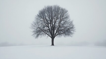 Snowy winter landscape with bare trees and frosted branches under a misty blue sky