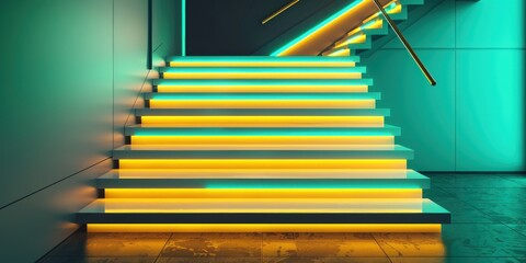 Stylish floating stairs illuminated by bold yellow and teal neon lights, creating a vibrant and modern environment.