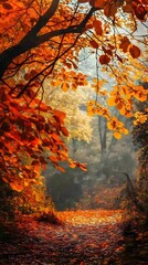 Wall Mural - A path through the woods is lined with fallen autumn leaves.