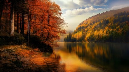 Wall Mural - Autumn leaves reflect in the still water of a lake.