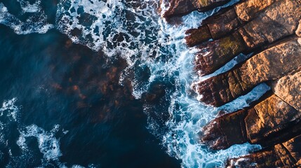 Poster - Waves crashing against the rocky shore, an aerial view.