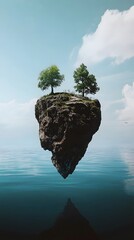 A small, rocky island with two trees, floating in the middle of the ocean.