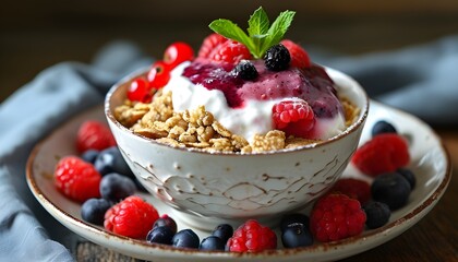 Vibrant berry parfait with creamy yogurt and mint, showcasing a refreshing and healthy summer breakfast filled with natural sweetness and colorful flavors