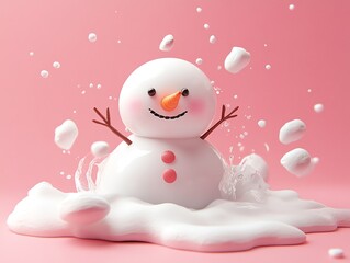 A cheerful snowman with a carrot nose and coal eyes is surrounded by white liquid on a pink background.