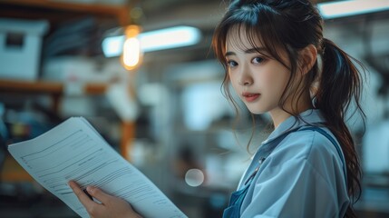 Poster - A young Japanese female plumber checking a service form with documents in hand. Well-lit workplace. Generative AI.