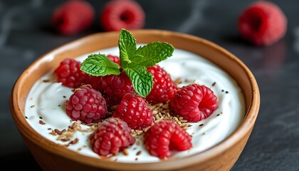 Wall Mural - Creamy Yogurt Delight with Fresh Raspberries and Mint Garnish