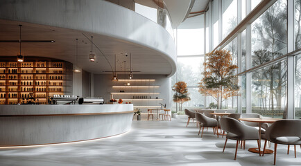 Poster - Indoor cafe lounge space with circular light gray concrete elements, featuring a light gray concrete coffee bar, gray chairs, wooden tables, floor-to-ceiling windows. Generative AI.