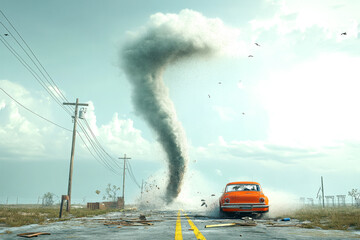 A dramatic tornado looms over a deserted road, with a vintage orange car in the foreground, capturing the raw power of nature.