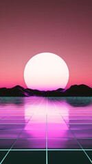 Wall Mural - Retro sunset over a glowing grid.