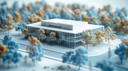 Aufkleber - Digital technology, blue tones, architectural model, center architect as tall as, overall warehouse building with some trees around it. Generative AI.