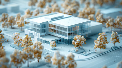 Aufkleber - Digital technology, blue tones, architectural model, center architect as tall as, overall warehouse building with some trees around it. Generative AI.