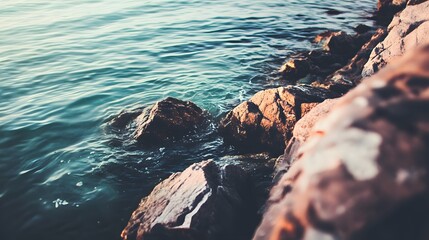 Wall Mural - Close-up of calm water lapping against rocks.