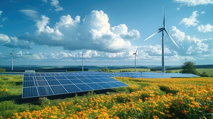 Aufkleber - A rural area with both solar panels and wind turbines, representing a mix of renewable energy sources and the shift towards a sustainable energy future. Generative AI.