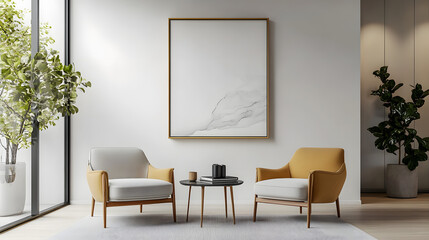 Two armchairs in room with white wall and big frame poster on it. Scandinavian style interior design of modern living room. 