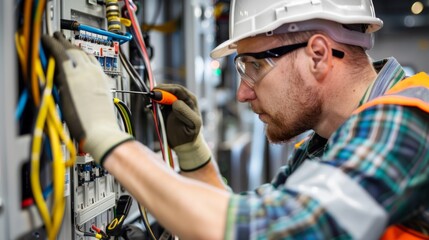 Aufkleber - A man in a hard hat and safety glasses is working on electrical wiring