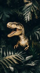 Wall Mural - A large dinosaur sculpture peeks out from behind lush tropical foliage.