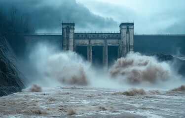 hydroelectric dam flood outflow in the mountains