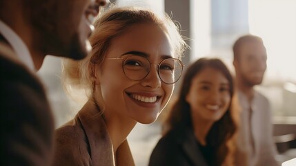 Two young Western women smiling to the camera in a job setting discussing things in the meeting, workplace culture job hiring