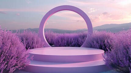 Aufkleber - A round stage design, a pink theme, a round platform, the background is a field full of lavender, a cloudless sky, a centered composition. Generative AI.