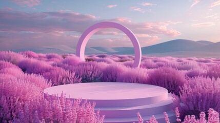 Aufkleber - A round stage design, a pink theme, a round platform, the background is a field full of lavender, a cloudless sky, a centered composition. Generative AI.