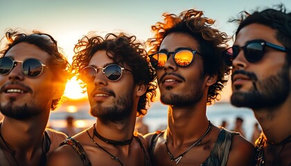 Poster - Diverse group of young men enjoying a summer sunset, bonding with friends while wearing sunglasses against a vibrant holiday backdrop