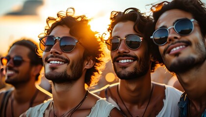 Wall Mural - Diverse group of young men enjoying a summer sunset, bonding with friends while wearing sunglasses against a vibrant holiday backdrop