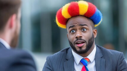 Sticker - A man with a colorful wig on his head talking to another person, AI