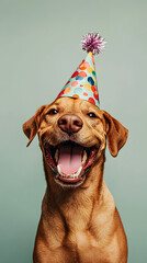 Wall Mural - Cute dog with birthday hat isolated on solid background celebrating at a birthday party, Funny animal background, copyspace for cards