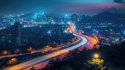 Poster - Seoul city, night time long exposure. Generative AI.