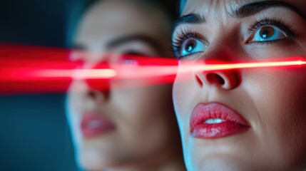 Sticker - A woman with red laser beam in her eyes looking at herself, AI