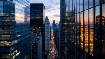 A breathtaking aerial view of a city skyline at dusk, with skyscrapers towering over a busy street