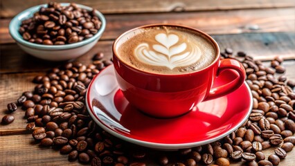 cup coffee beans lay flat wood table top view red cup