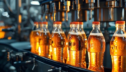 Bottling line of cola soda in a clean, well-lit factory showcasing close-up view of refreshing sugary drink bottles