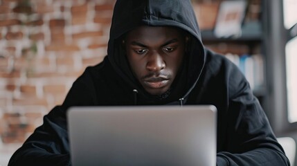 Poster - A man wearing a black hoodie is looking at a laptop