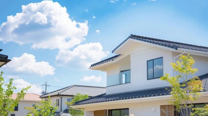 Poster - A white house with a black roof and a blue sky