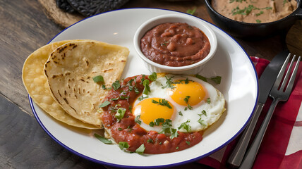 a plate of huevos divorciados with two types of salsa, one red and one green, served with warm corn 