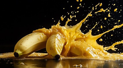 Wall Mural - A bunch of ripe bananas are splattered on a black surface.  The bananas are surrounded by a yellow splash of juice, with droplets flying in the air.