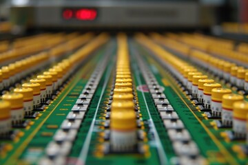 Poster - Yellow Caps on a Green Circuit Board with a Red LED