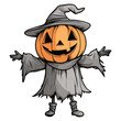 © creative_t - A spooky yet playful pumpkin-headed character dressed in a ragged, ghostly cloak and wearing a floppy, crooked witch's hat. vector illustration design