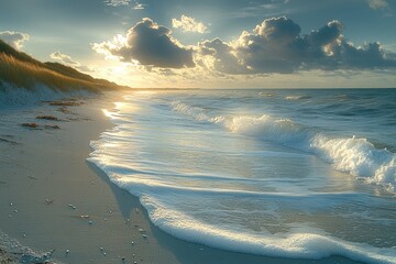 Poster - Foamy Waves Crashing on Sandy Beach at Sunset