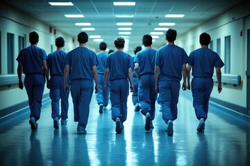Poster - Group of People in Blue Scrubs Walking Down a Hospital Corridor