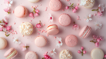 Sweet food composition. Dessert Macaroon cookie with pink flowers on pastel pink paper background.