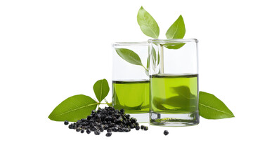 Two glasses filled with green liquid, surrounded by fresh leaves and black herbal seeds, captured against a transparent background.