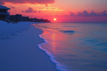 Poster - Sunset Over the Ocean with Silhouetted Houses on a Sandy Beach