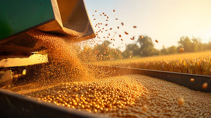 Harvester pouring freshly harvested corn maize seeds or soybeans into container trailer near, closeup detail, afternoon sunshine. Agriculture concept. 