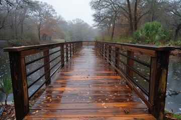 Wall Mural - Wooden Bridge Over a River in a Foggy Forest