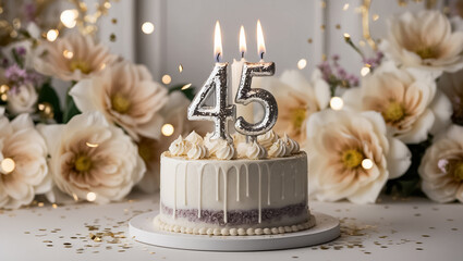 Wall Mural - Delicious festive sweet cake with candle number 45, elegant flowers