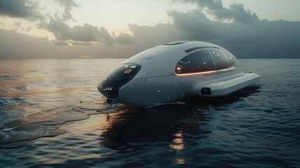 Sleek futuristic underwater vessel navigating through an ethereal serene oceanic realm at a dramatic sunset  The unique alien like design of the craft suggests advanced