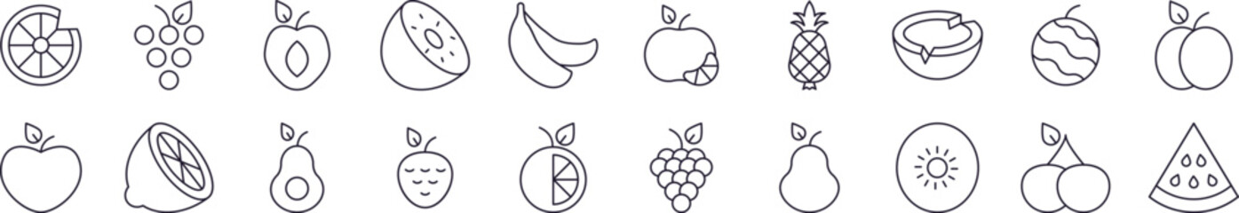 Bundle of Line Icons of Watermelon, Coconut, Grape and Other Fruits. Editable Stroke. Minimalistic Linear Pictogram for Design of Cards, Apps, Banners, Posts